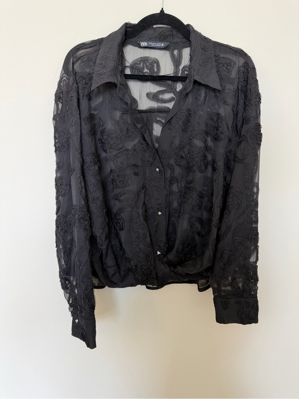 Zara Black Sheer Floral Appliqué Blouse XL
